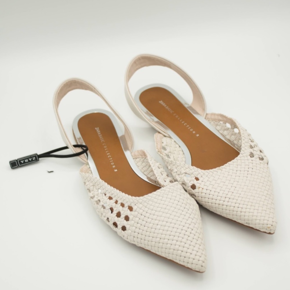 Zara White Basketweave Pointed Slingback Sandals